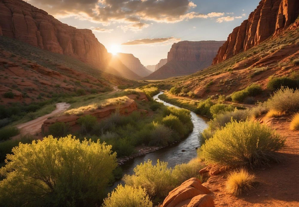 Vibrant red rock formations tower over lush green landscapes. A winding river cuts through the valley, reflecting the golden glow of the setting sun