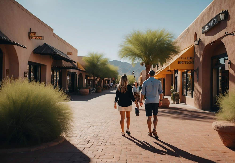 Strolling past historic buildings, vibrant art galleries, and unique shops in Old Town Scottsdale, with the iconic desert landscape in the background