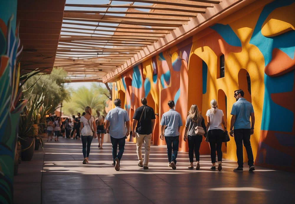 Visitors stroll through the vibrant Scottsdale Arts District, admiring colorful murals and sculptures. Music fills the air as they explore galleries and outdoor art installations. The desert landscape provides a stunning backdrop for this artistic experience