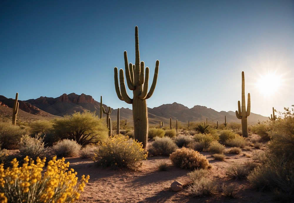 A vibrant desert landscape with towering saguaro cacti, colorful wildflowers, and diverse wildlife including coyotes, javelinas, and roadrunners. Sunlight illuminates the rugged terrain as birds soar overhead