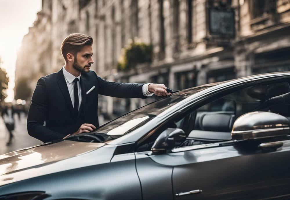 A person in a suit standing next to a car